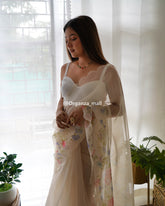 Light Flower Cream Color Pure Organza Saree